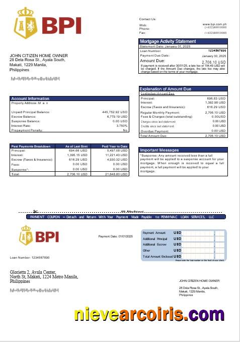 Philippine Bank of The Philippine Islands mortgage statement
